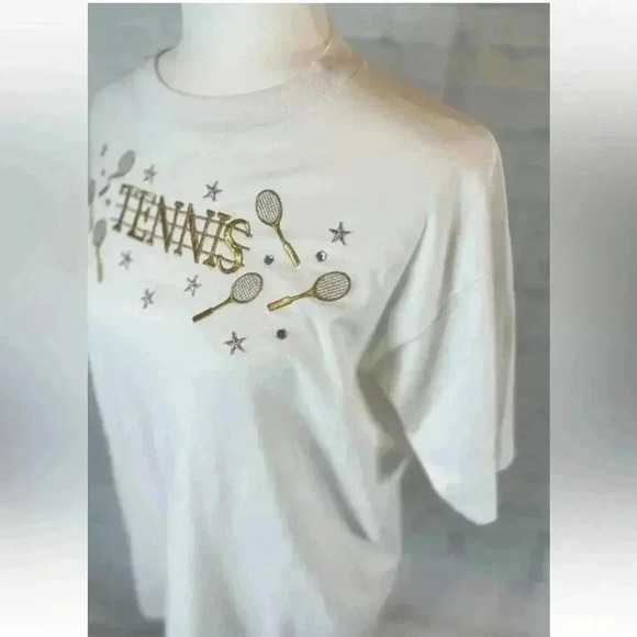 Vintage STUDZ Connection white Gold Tennis T shirt Top woman’s size L Embellish - Picture 4 of 13